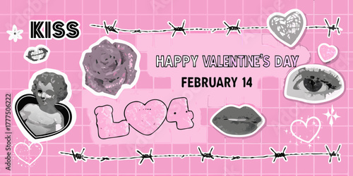 Happy valentines day february 14 with kiss lips rose cupid and hearts on pink background