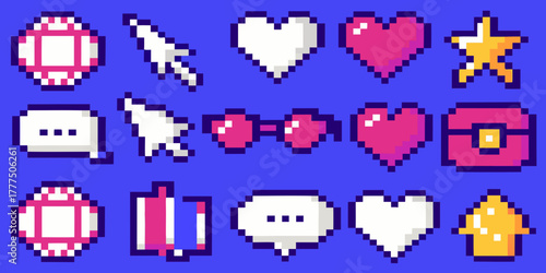 Collection of pixel art icons including hearts cursors speech bubbles a star a treasure chest and a bow tie on a blue background