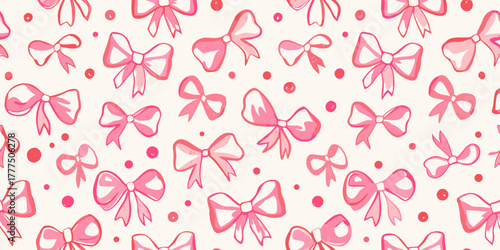 Seamless pattern of hand drawn pink bows and dots on a light background
