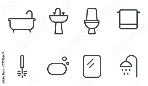 Elegant bathroom fixtures icons: tub, sink, toilet, towel, mop, soap, mirror, showerhead