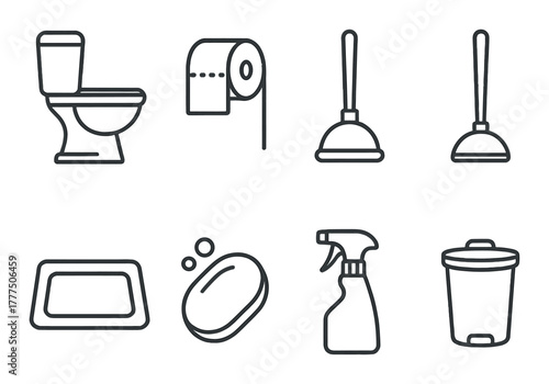 Set of toilet and cleaning icons: plunger, soap, spray, trash can, toilet paper, toilet