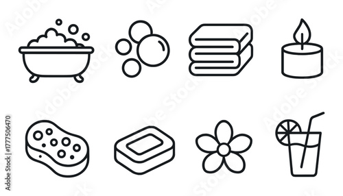 Spa and relaxation icons: bathtub, bubbles, towels, candle, sponge, soap, flower, drink