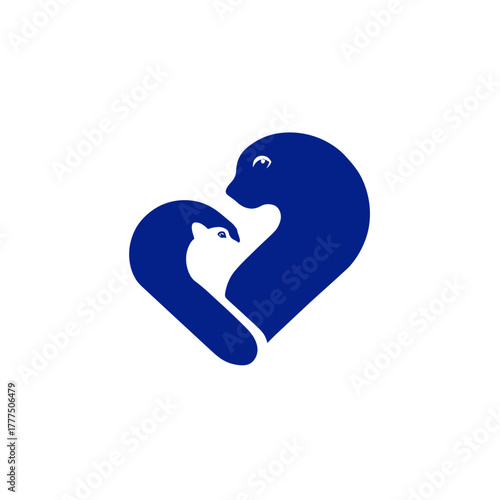 Stylized blue heart shape featuring a mother and baby sea lion embracing, symbolizing love, care, and marine animal protection.