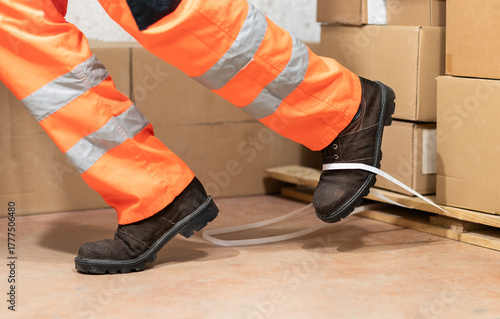 An industrial safety topic. A worker in danger of tripping over a piece of plastic strapping in a factory.