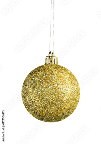 Isolated gold glitter christmas ball ornament on white background. Elegant, high-impact element for holiday season advertising and greeting card designs. For graphics requiring a clean cut-out element
