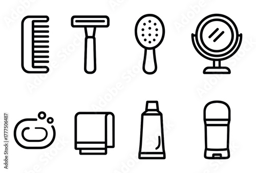 Set of eight black hygiene icons: comb, razor, brush, mirror, soap, towel, toothpaste, deodorant