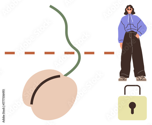 Computer mouse with cord, lock symbolizing cybersecurity, and stylish person in loose streetwear. Ideal for technology, cybersecurity, privacy, individuality, urban lifestyle, digital safety flat