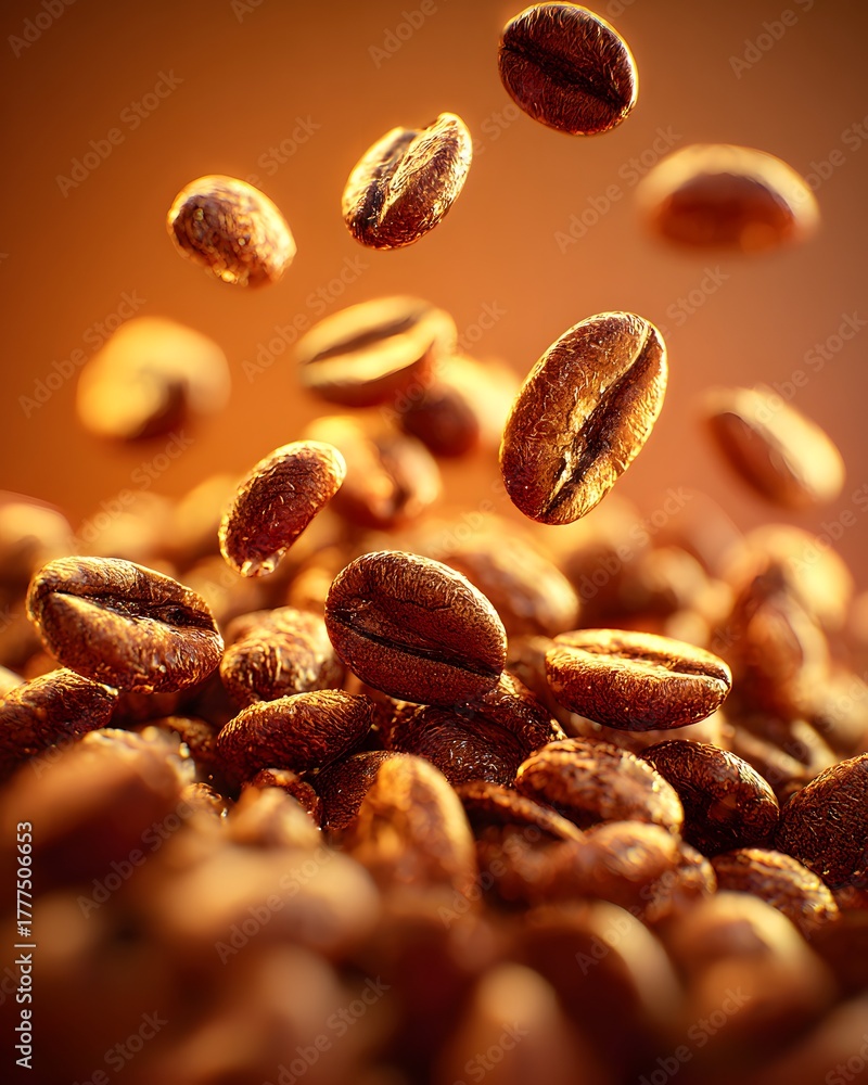 Obraz premium Close up of roasted coffee beans falling and resting on pile caffeine espresso