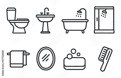 Bathroom icon set: toilet, sink, bathtub, shower, mirror, towel, soap, comb