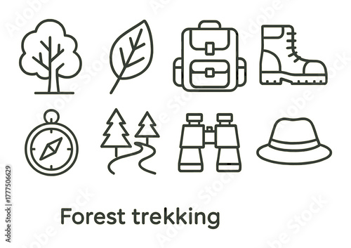 Forest trekking icons: backpack, compass, boots, binoculars, hat, tree, leaf, trail graphics