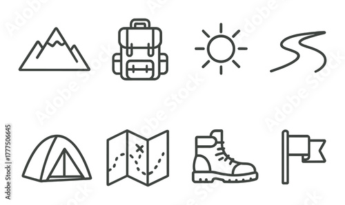 Minimalist outdoor adventure icons featuring mountain, backpack, sun, trail, tent, map, boot, flag