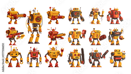 Robots cartoon vector set. Sci fi mechanical characters chainsaws gun turret bullet submachine gun weapons yellow red colors futuristic industrial machine technology isolated illustrations on white