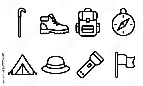 Outdoor adventure icons: backpack, compass, tent, flashlight, hiking boot