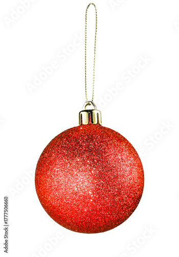 Isolated red glitter Christmas ball ornament on white background. Sparkling texture and rich, traditional color. High-impact element for holiday season advertising and greeting card design.