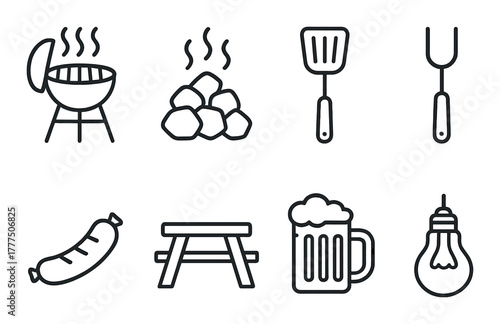Grilling and picnic essentials: barbecue, tools, and refreshments icons