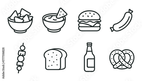 Black and gray food icons on dark background featuring snacks and beverages