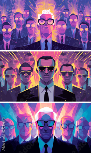 Secret agents group cartoon vector scenes. Portrait men black suits sunglasses corporate security figures males dark undercover operatives squad shades enterprise protection unit team