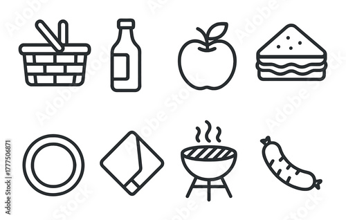 Picnic icons set: basket, sauce, apple, sandwich, plate, napkin, grill, sausage