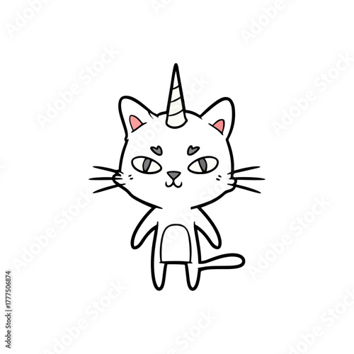 Cute cartoon unicorn cat character, whimsical fantasy animal illustration, simple hand drawn style