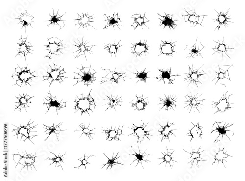 Shattered broken glass holes black ink vector set. Bullet cracks texture impact damage destruction effect realistic distressed overlay graphic element crash fracture debris surface isolated