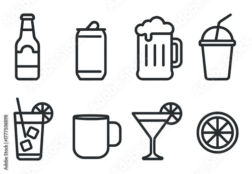 Outlined icons of various beverages including beer, coffee, and cocktail