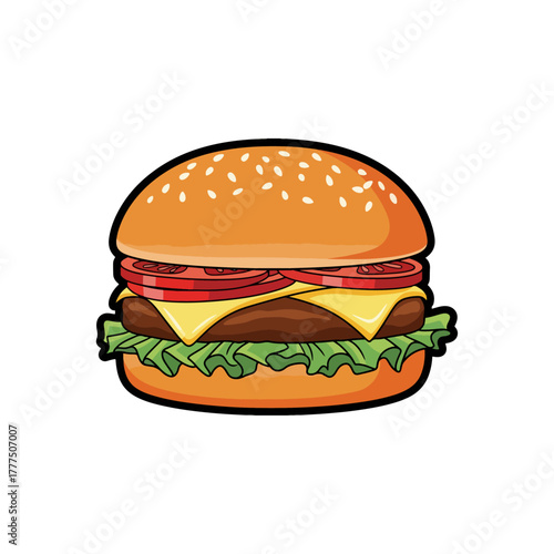 Vibrant cartoon hamburger illustration, featuring a sesame seed bun, juicy patty, cheese, lettuce, and tomatoes.