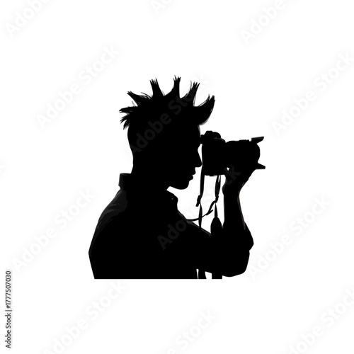 Silhouette of male photographer, capturing moments, side profile with camera, creative photography artwork.