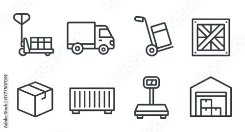 Industrial logistics icons set illustrating warehouse transportation and packaging