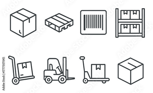 Warehouse logistics icons: boxes, pallet, barcode, forklift, trolley