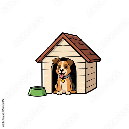 Cute cartoon dog sitting inside a doghouse with a green bowl, happy pet illustration