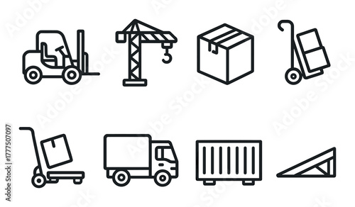 Warehouse logistics icons: forklift, crane, boxes, truck, container, ramp