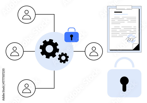 Gear mechanism links individuals in network padlocks and signed document signify security, teamwork, and data protection. Ideal for cybersecurity, legal agreements, management, workflow