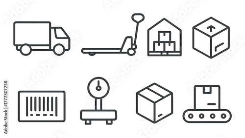 Logistics and warehouse icon set: truck, pallet, crate, bar code, scale, conveyor