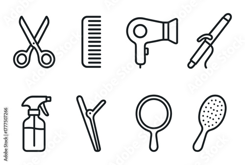 Hair styling icons: scissors, comb, hairdryer, curler, spray, clip, mirror, brush