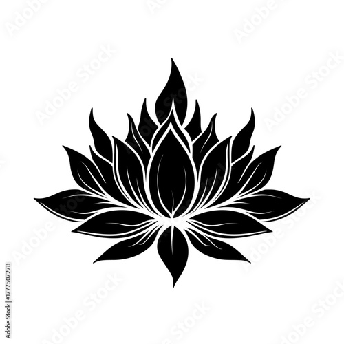 Elegant black lotus flower silhouette illustration, symbolic vector design for yoga, meditation, spirituality, and zen concepts.