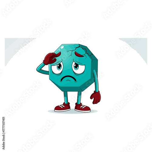 Sad cracked geometric cartoon character, feeling stressed and frustrated, wiping forehead in despair
