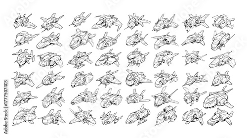 Space shuttle black ink sketch vector set. Futuristic starships drawings detailed outline military spacecraft galaxy vessel carrier science fiction transport aircraft isolated illustration