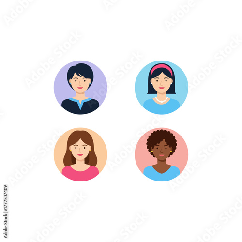 Set of diverse female user avatar icons, representing women with varied looks and styles
