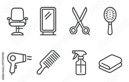 Barber tools: chair, mirror, scissors, brush, dryer, comb, spray, towel
