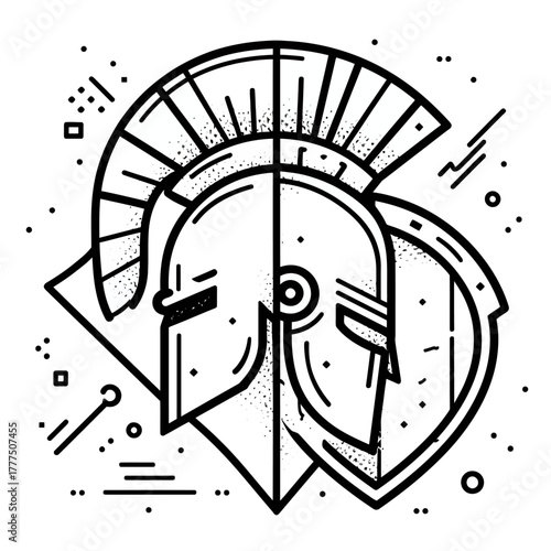 Modern line art illustration of a warrior helmet and shield. Abstract geometric vector icon representing strength, protection, and ancient power.