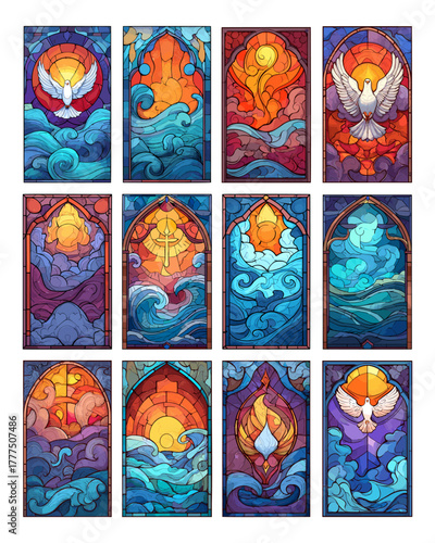 Stained glass panels cartoon vector set. Holy spirit soaring dove cross religious theme descending water sun waves sea church window element christian faith biblical isolated illustration
