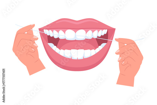 Flossing Teeth and Interdental Cleaning. An illustration showing dental floss being used to clean between teeth, emphasizing interdental hygiene and the importance of flossing