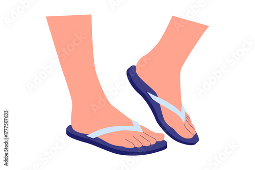 Vector illustration of Wearing Footwear Sandals or Slippers. A close-up of feet wearing flip-flop sandals, emphasizing the importance of wearing footwear, personal hygiene, and foot protection