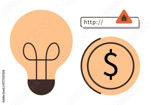 Light bulb and dollar coin represent innovation and finance, while warning sign signals online threats and malware. Ideal for cybersecurity, finance, technology, innovation, risk, strategy, simple
