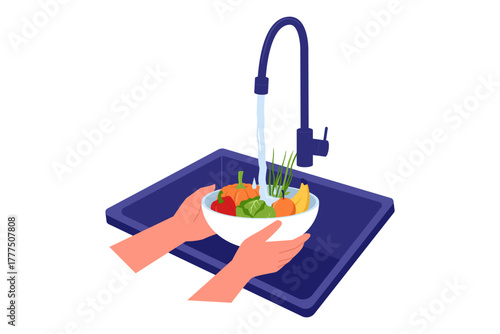 Vector Illustration of Washing Fruits and Vegetables. Hands are washing a bowl of fruits and vegetables under running tap water, emphasizing food safety, kitchen hygiene, and preparation of fresh