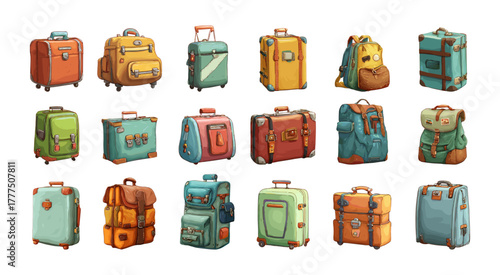 Travel baggage cartoon vector set. Suitcases backpacks luggage bags journey trunks backpacks vacation adventure vintage colorful style transportation objects isolated on white background