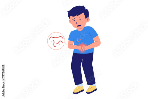 Illustration of Child with Stomach Ache due to Worms. A young boy is clutching his stomach with a symbol of worms, representing parasitic infection, digestive issues