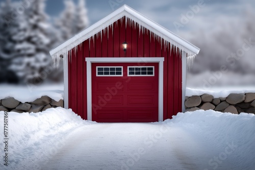 Rustic red barn-style garage door adorned with icicles, set against a snowy landscape, creating a serene winter atmosphere with natural beauty and charm