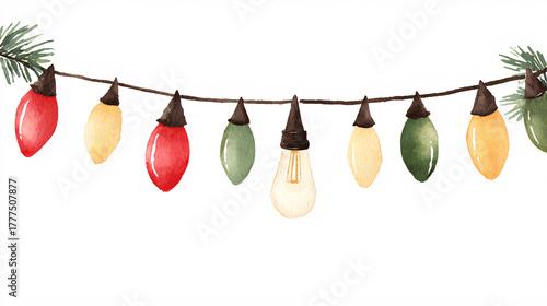 watercolor string of Christmas lights, isolated on a white background