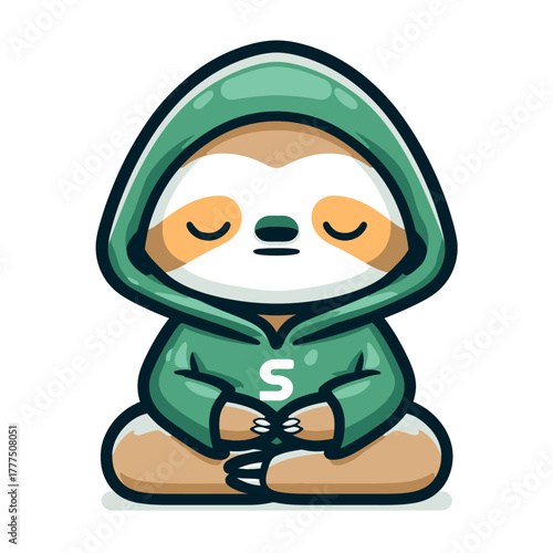 Serene cartoon sloth meditating in lotus position with closed eyes, wearing a green hoodie. Mindfulness and relaxation concept.